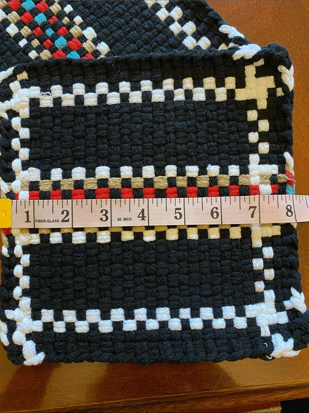 Handmade Black Woven Pot Holders with White Trim and Red & Teal Accents